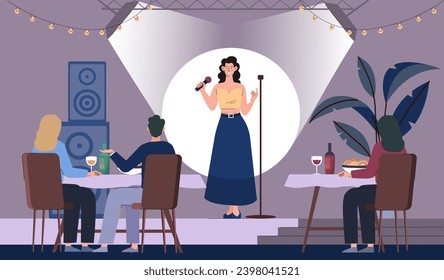 Comedians on stage open mic concept. Woman tell jokes frrom sceene. Young girl performing. Fun and humor. Stand up shoe. Entertainment and leisure, event. Cartoon flat vector illustration