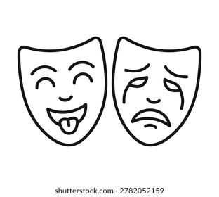Comedic and tragic theater masks in simple line art style