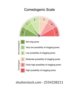 Comedogenic scale, how likely an ingredient is able to clog pores and cause acne, ranges from 0 to 5. Scientific vector illustration.