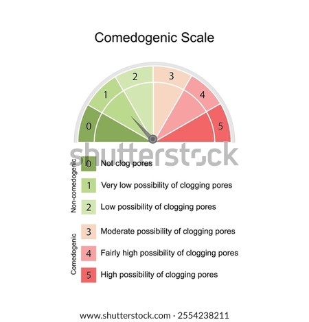 Comedogenic scale, how likely an ingredient is able to clog pores and cause acne, ranges from 0 to 5. Scientific vector illustration.