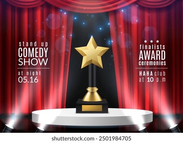 Comedy awards poster. Realistic podium with trophy star form on red background, stage velvet curtain, first place nomination, performance winner prize. Victory celebration vector concept