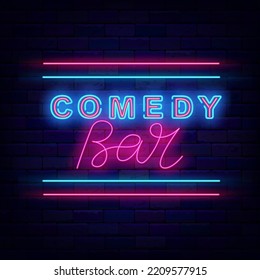 Comedy bar neon advertising. Stand up show signboard. Comic night. Striped frame. Light sign. Party label. Outer glowing effect banner. Editable stroke. Vector stock illustration
