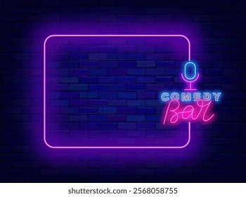 Comedy bar neon banner. Stand up. Night club and empty purple frame. Vector stock illustration