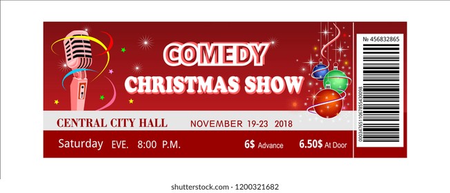 comedy Christmas show ticket, event, admission. hand bell, balls, mistletoe new year 