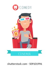 Cine de comedia. Hombre en el cine concepto de entretenimiento y diversión. Feliz niño con gafas 3D viendo una película. El alegre personaje masculino pasa tiempo libre viendo películas en estilo plano. Ilustración vectorial