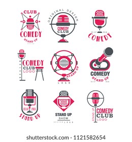 Comedy club logo design set, stand up show signs with retro microphone vector Illustrations on a white background