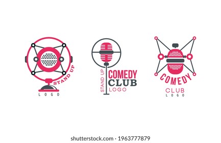 Comedy Club Logo Templates Design Set, Stand Up Red Retro Badges Vector Illustration