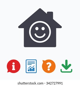 Comedy club. Smile icon. Happy face chat symbol. Information think bubble, question mark, download and report.
