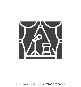 Icono vector de etapa de comedia club. signo plano relleno para concepto móvil y diseño web. Escenario con icono de glifo de micrófono y silla. Símbolo, ilustración del logotipo. Gráficos vectoriales