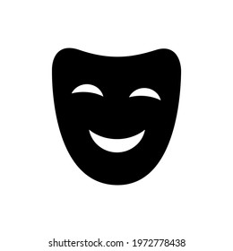 Comedy or comic face mask solid black icon. Happy mood silhouette. Trendy flat isolated symbol, sign for: illustration, logo, mobile, app, design, web, dev, ui, ux. Vector EPS 10