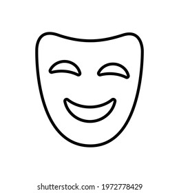 Comedy or comic face mask thin black icon. Happy mood silhouette. Trendy flat isolated symbol, sign for: outline illustration, logo, mobile, app, design, web, dev, ui, ux. Vector EPS 10