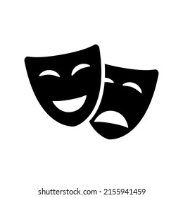 Comedy and drama face mask black icon. Happy and sad mood. Flat isolated illustration. Vector illustration.