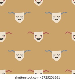 Komödie und Drama Masken nahtloses Muster. Vintage Theater Performance Face Expression Elemente mit Spitze. Vektorgrafik im gezeichneten Flachformat wiederholen