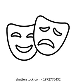 Comedy and drama or tragic and comic face mask black icon. Happy and sad mood. Trendy flat isolated symbol, sign for: illustration, outline, logo, mobile, app, design, web, dev, ui, ux. Vector EPS 10