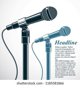 Comedy And Entertaining Live Show Advertising Poster With 3d Microphones Vector Illustration. Press Interview, Social Announcement Theme.