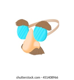 Comedy fake nose mustache, eyebrows and glasses icon in cartoon style on a white background