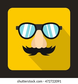 Comedy fake nose mustache, eyebrows and glasses icon in flat style on a yellow background