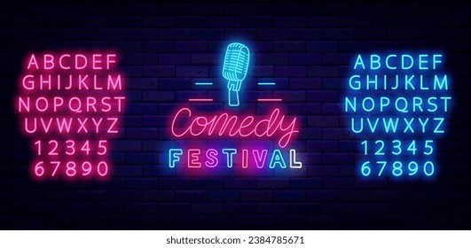 Comedy festival neon label. Stand up show. Comic performance. Laser lettering. Shiny blue and pink alphabet. Glowing advertising. Bright banner. Editing text. Vector stock illustration