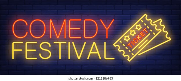 Comedy festival neon sign. Tickets on brick background. Show, concert, performance. Night bright advertisement. Vector illustration in neon style for leisure, nightlife, entertainment