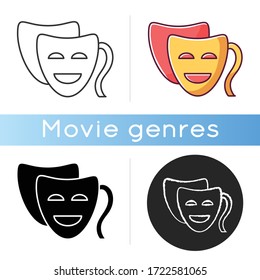 Comedy icon. Linear black and RGB color styles. Funny movie, humorous film, classic theater. Popular filmmaking genre, entertaining cinematography. Comedy mask isolated vector illustrations