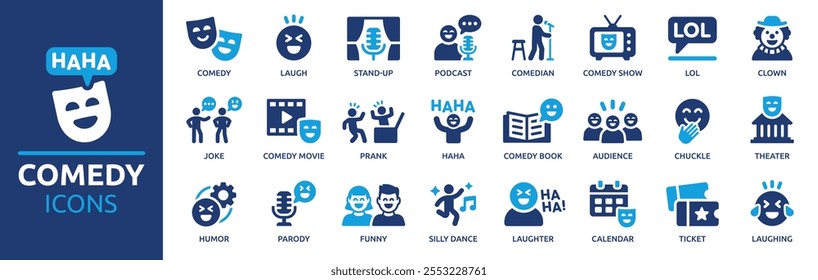 Comedy icon set. Containing laugh, funny, joke, stand-up, prank, lol, joke, clown and laughing. Solid vector icons collection.