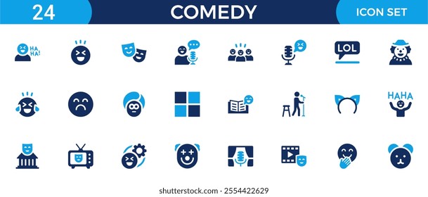 Comedy icon set. Containing laugh, funny, joke, stand-up, prank, lol, joke, clown and laughing. Solid vector icons collection.
