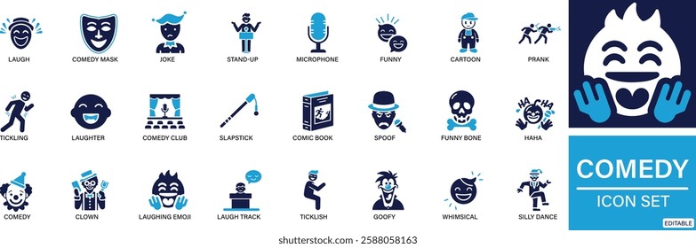 Comedy icon set . Laugh, Comedy Mask, Joke, Funny Face, Stand-up, Microphone, Clown, You can easily change the color