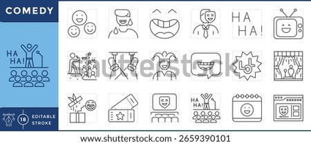 Comedy icons set. Smile, laughing, thalia, laughter, stage, comedian, jester hat, prank, and many more. Vector editable stroke.