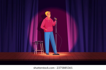 Comedy live show with male comic vector illustration. Cartoon funny guy in hoodie and hat standing in spotlight on wooden stage at microphone to present performance, comedic monologue and jokes