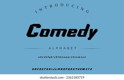 Comedy MADE Sports minimal tech font letter set. Luxury vector typeface for company. Modern gaming fonts logo design.