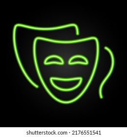 comedy mask neon sign, modern glowing banner design, colorful modern design trends on black background. Vector illustration.