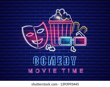 Comedy movie neon symbol Vector. Glowing sign dark background. Shinning billboard templates