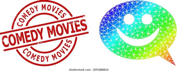 Comedy Movies scratched watermark and lowpoly spectrum colored happy message icon with gradient. Red stamp includes COMEDY MOVIES title inside circle and lines template.