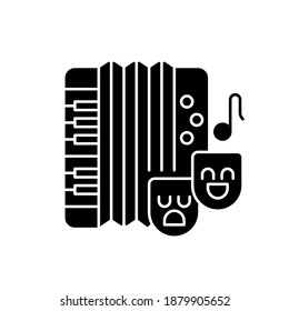 Comedy music black glyph icon. Theater masks types. Accordion musical instrument. National songs playing. Musical hobby. Silhouette symbol on white space. Vector isolated illustration