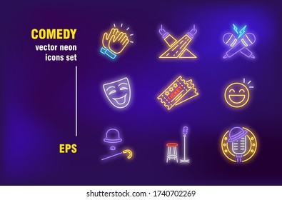 Comedy neon signs set. Standup, applause, stage, microphone battle, theatre mask, comic actor. Night bright advertising. Vector illustration in neon style for comic show emblems, banners, flyers