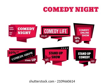 Comedy Night At Club, Live Show Sticker Concept. Comic Performance Emblem Set, Vector Illustration. Comediam Stand Up Online, Isolated On White Template Sign Design Collection