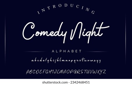 Comedy Night Hand drawn vector alphabet. Modern monoline signature script font. Elegant Signature Font. Best Alphabet Beautiful Calligraphy Signature Font lettering handwritten