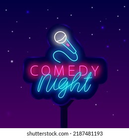 Comedy night neon billboard. Shiny street advertising. Microphone icon. Humorous performance. Light sign. Label for show. Outer glowing effect banner. Editable stroke. Vector stock illustration