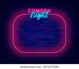 Comedy night neon poster. Stand up show. Comic event. Night club shiny advertising. Pink ellipse frame on brick wall. Minimal banner. Copy space. Bright flyer. Vector stock illustration