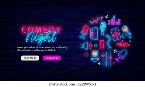 Comedy night neon promotion. Landing page template. Shiny circle layout with icons. Stand up Comedy concert. Microphone, column and sound waves. Glowing greeting card. Vector stock illustration