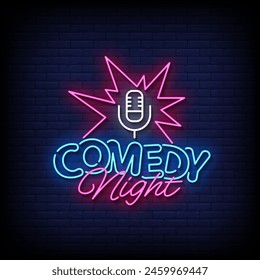 comedy night neon Sign on brick wall background vector