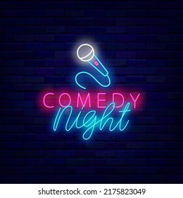 Comedy night neon signboard. Microphone icon. Humorous performance. Light sign. Label for show. Outer glowing effect. Editable stroke. Vector stock illustration