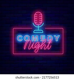 Comedy night neon signboard. Stand up performance. Comic show. Light sign. Party label. Outer glowing effect emblem on brick wall. Editable stroke. Vector stock illustration