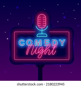 Comedy Night Neon Street Billboard. Night Advertising. Stand Up Poster. Comic Show. Light Sign. Outer Glowing Effect Emblem On Brick Wall. Editable Stroke. Vector Stock Illustration