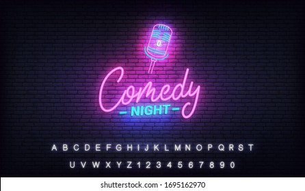 Comedy night neon template. Comedy lettering and glowing neon microphone