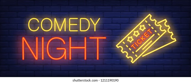 Comedy night neon text with tickets. Show invitation advertisement design. Night bright neon sign, colorful billboard, light banner. Vector illustration in neon style.