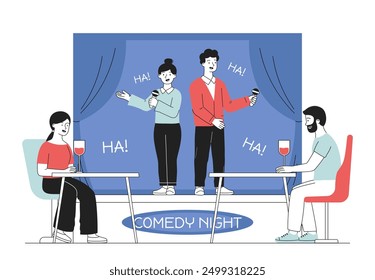 Espectáculo nocturno de comedia. Hombre y mujer se paran en el escenario con micrófono y cuentan chistes. Actuación de comediantes y standupers. Humor y risas. Ilustración vectorial lineal aislada sobre fondo blanco