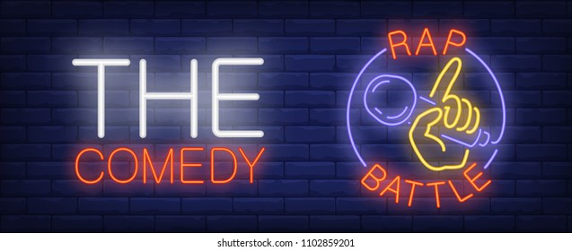 Comedy rap battle neon sign. Hand with microphone in circle on brick wall. Vector illustration in neon style for performance banner or tv show