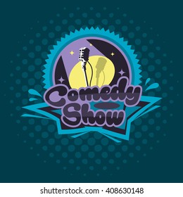 Comedy Show Concept. Emblem Template. Microphone Vector Illustration. Halftone Background.  Full Organized Objects In Groups. 