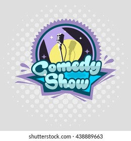 Comedy Show Concept. Emblem Template.  Microphone Vector Illustration.  Print Design. Halftone Background. 